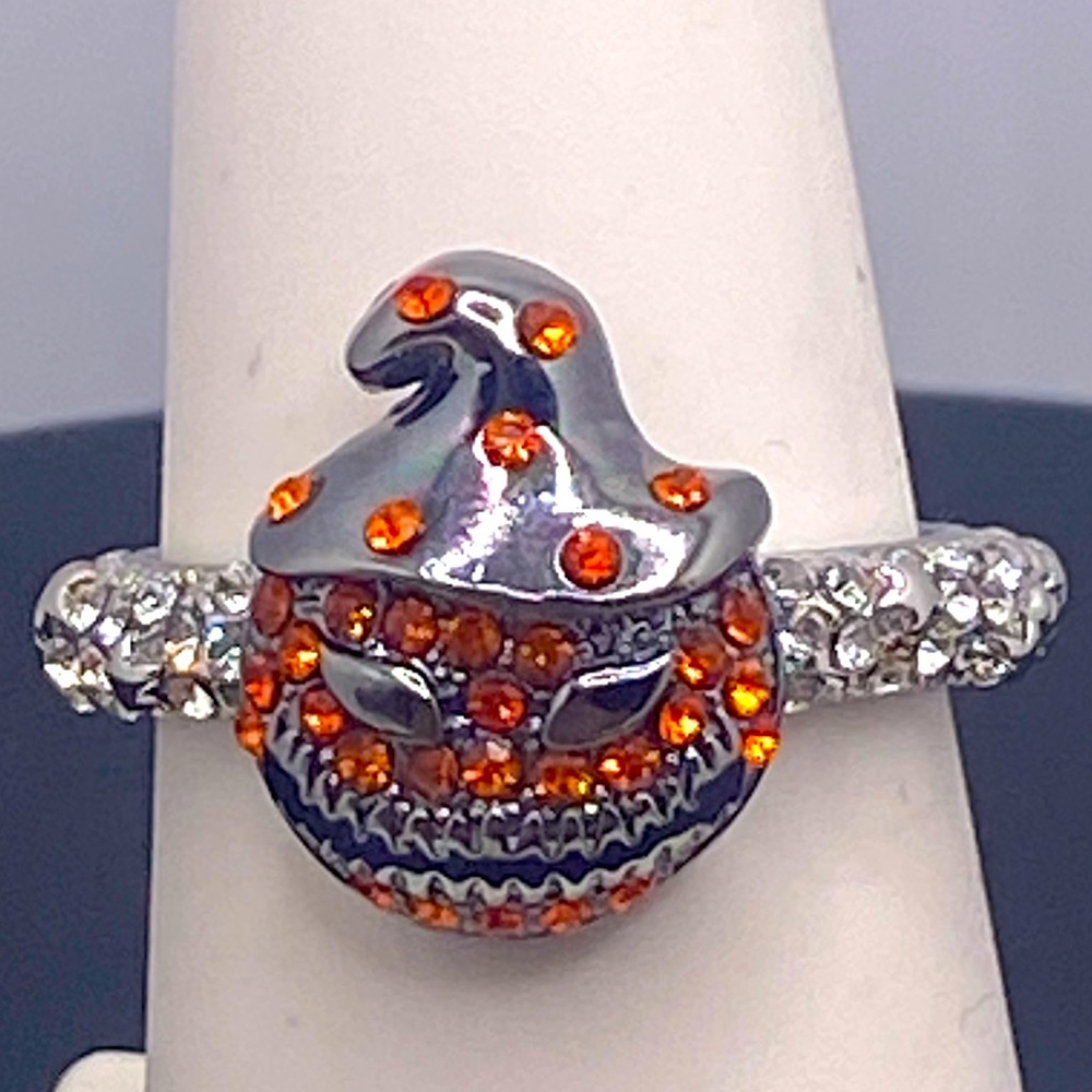 Silver and chrome tone jack o lantern orange and clear crystals Halloween